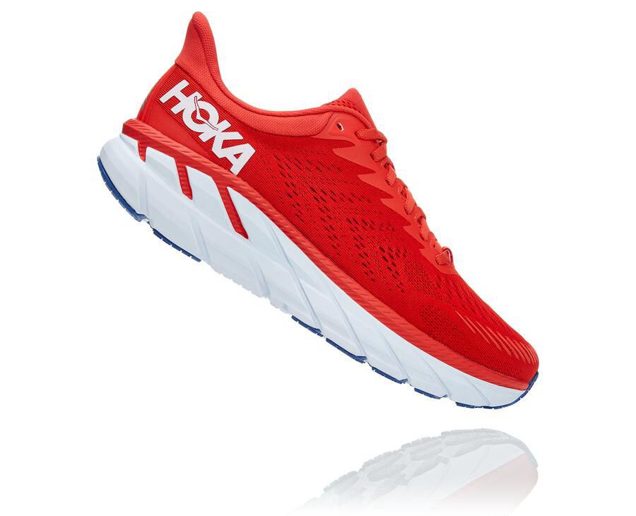 Hoka One One Mens Running Shoes - Clifton 7 - Red/White - IOQX84935